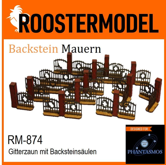Gitterzaun mit Backsteinsäulen-Roostermodel-Radaddel