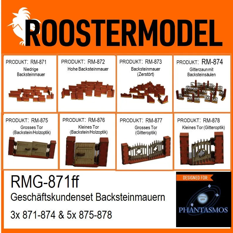 SET Backsteinmauern (je 3 Mauern/je 5 Tore)-Roostermodel-Radaddel